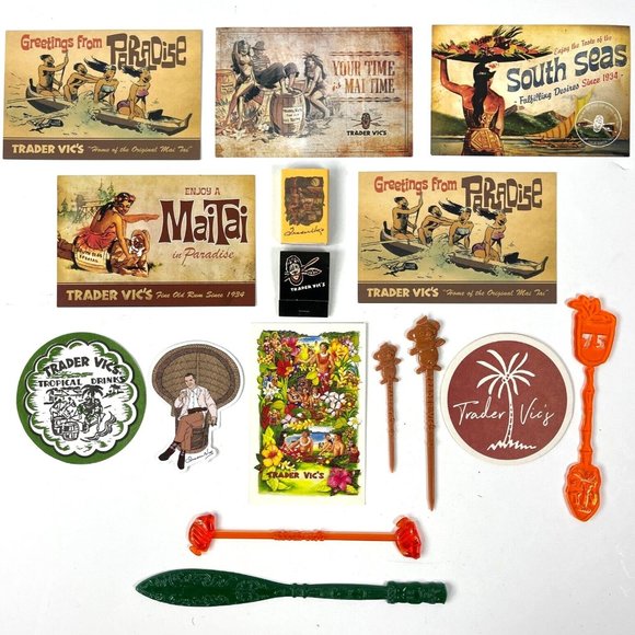 Trader Vics 75th Anniversary Lot Tiki Postcards Matches Swizzle Coasters Sticker - Picture 1 of 12